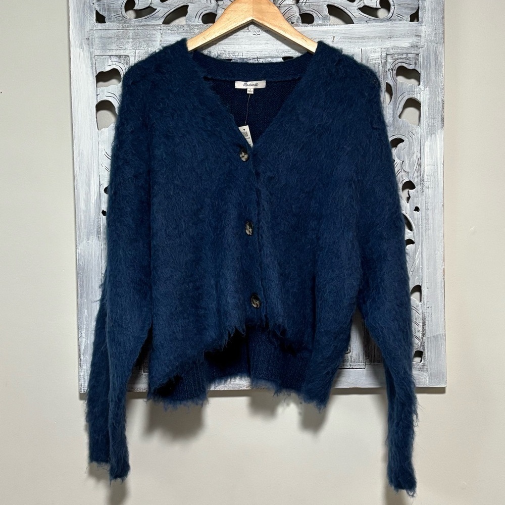 NEW Madwell Heather Lapis Blue Fuzzy Brushed V-Neck Cardigan Sweater Size L